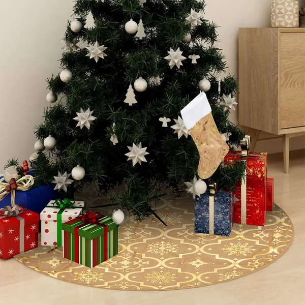 Jupe de sapin de Noël de luxe avec chaussette Jaune 90 cm Tissu
