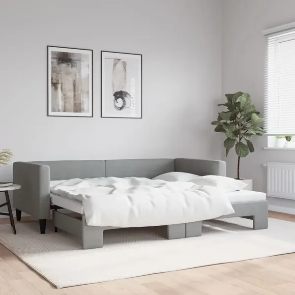 Lit de jour avec lit gigogne gris clair 90x190 cm tissu