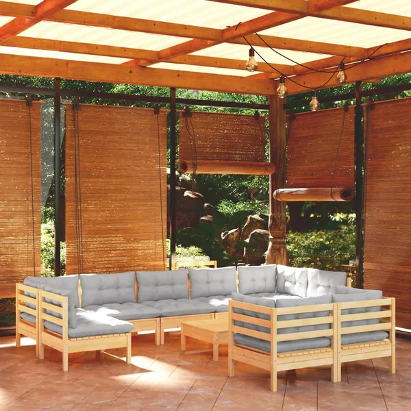 Salon de jardin 10 pcs avec coussins gris bois de pin massif