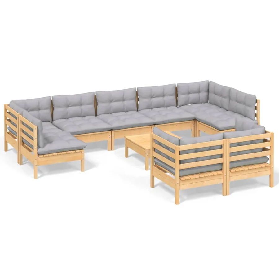 Salon de jardin 10 pcs avec coussins gris bois de pin massif - 2
