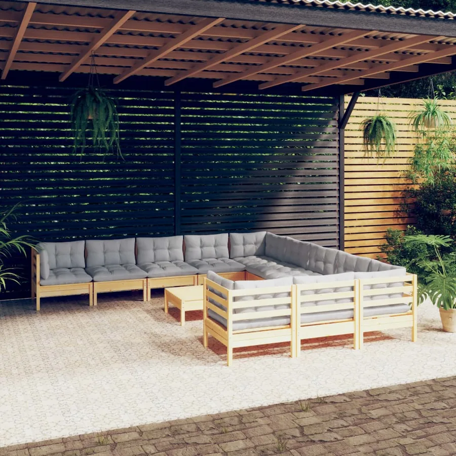 Salon de jardin 12 pcs avec coussins gris Bois de pin
