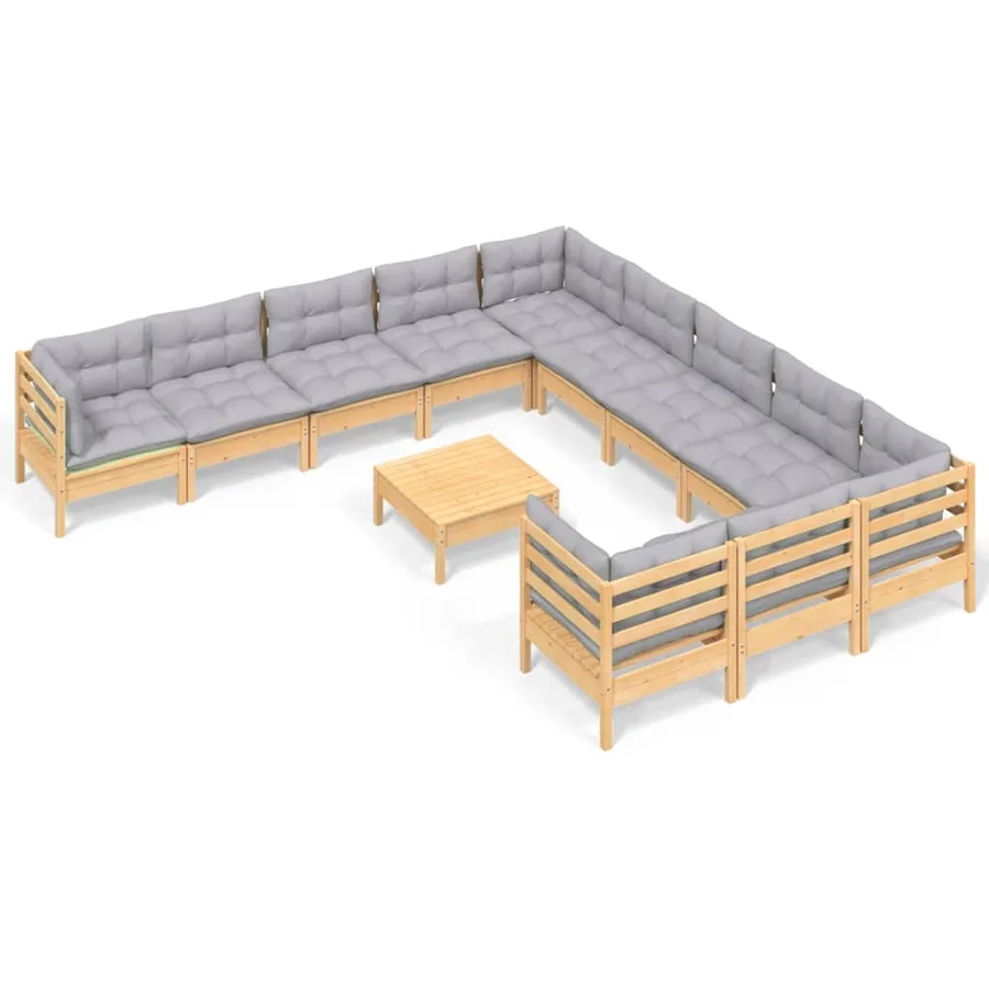 Salon de jardin 12 pcs avec coussins gris Bois de pin - 2