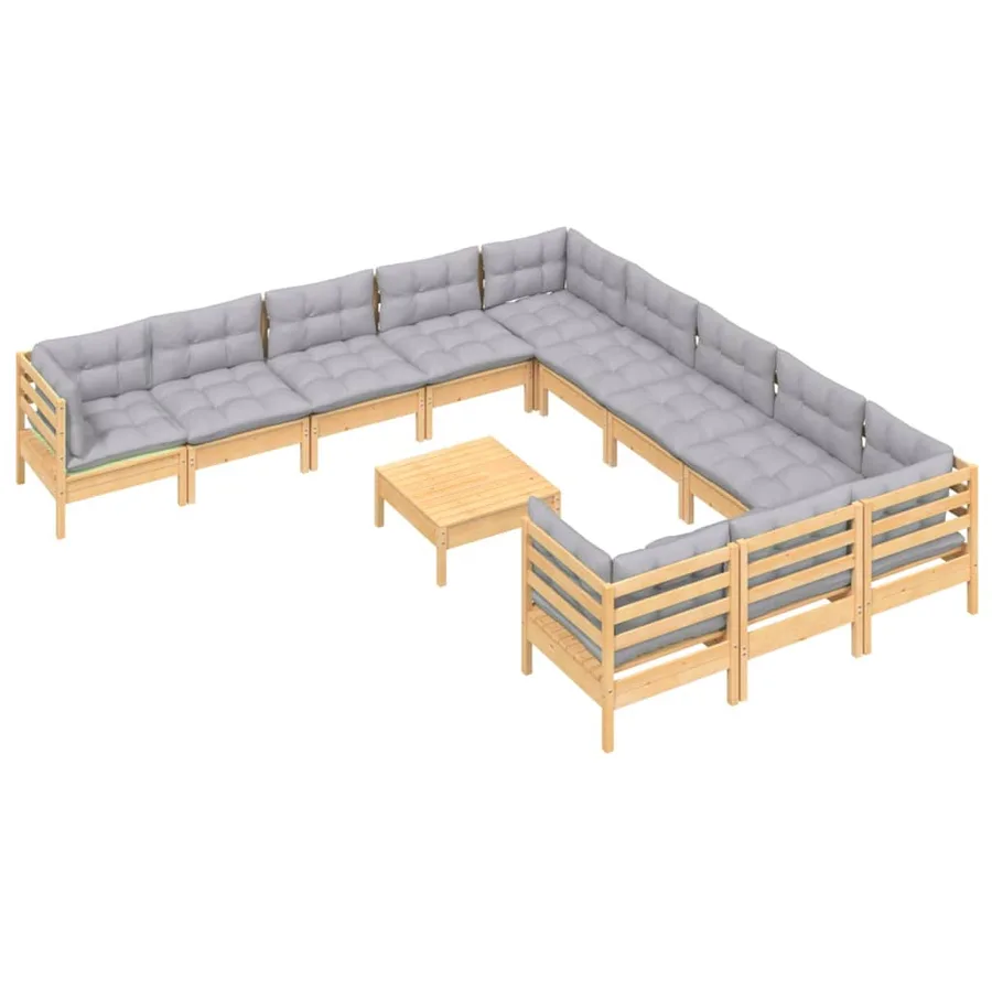 Salon de jardin 12 pcs avec coussins gris Bois de pin - 3