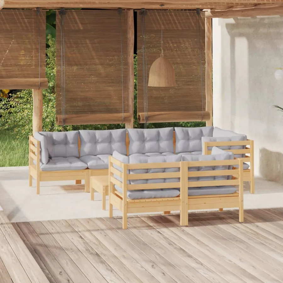 Salon de jardin 8 pcs avec coussins gris Bois de pin massif