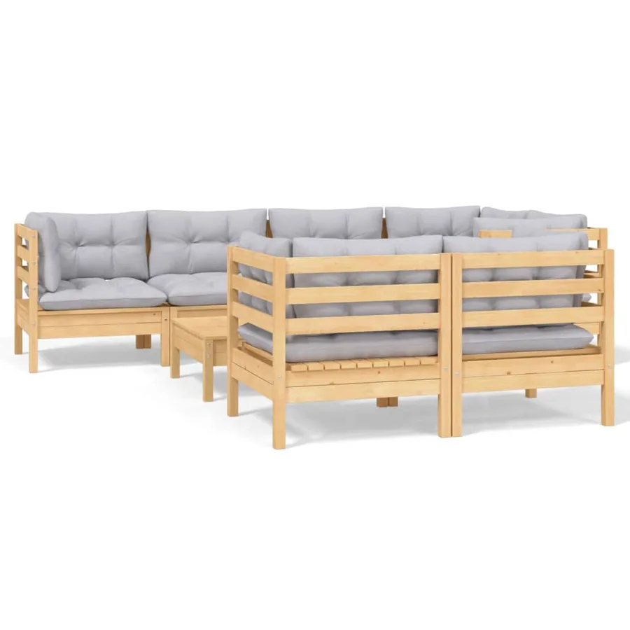 Salon de jardin 8 pcs avec coussins gris Bois de pin massif - 2