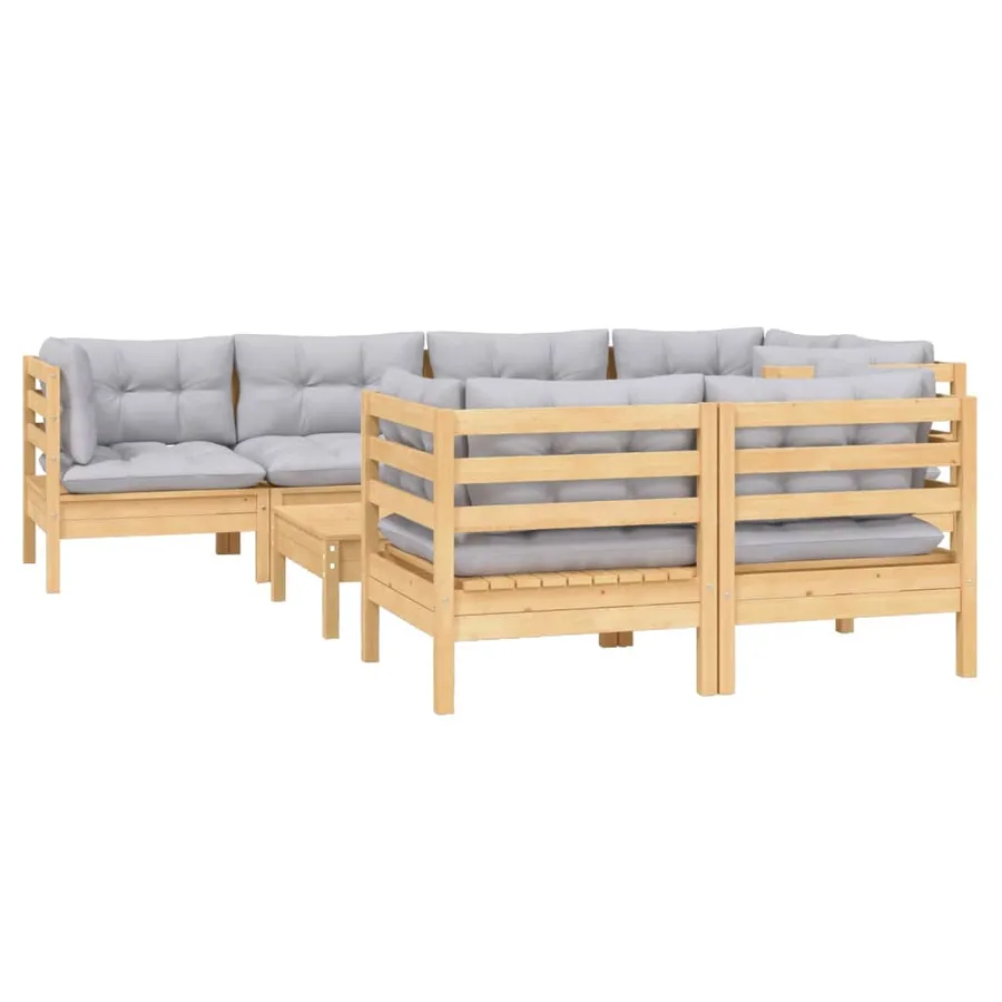 Salon de jardin 8 pcs avec coussins gris Bois de pin massif - 3