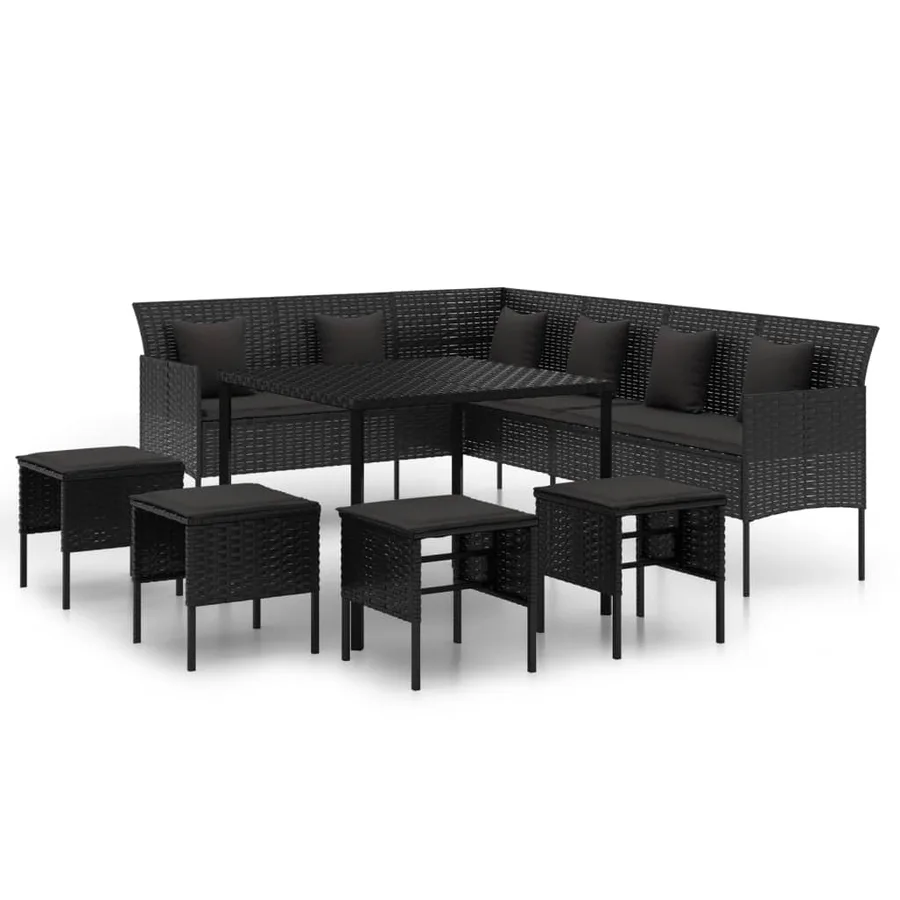 Ensemble à manger de jardin coussins 6pcs noir résine tressée - 3