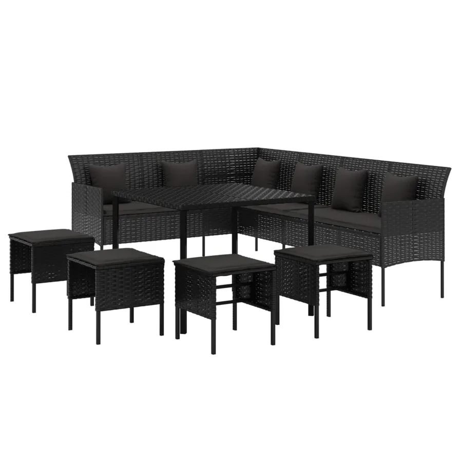Ensemble à manger de jardin coussins 6pcs noir résine tressée - 4