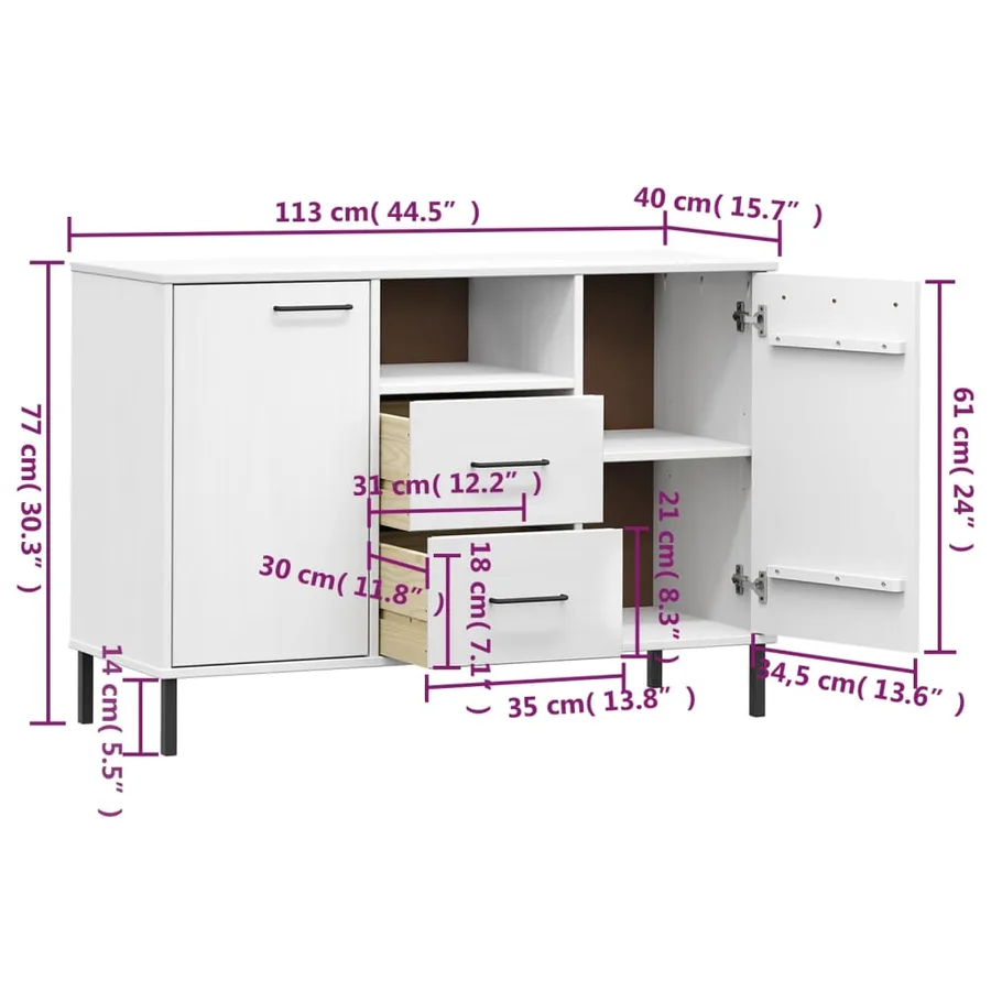 Buffet avec pieds en métal Blanc 113x40x77 cm Bois massif OSLO - 8