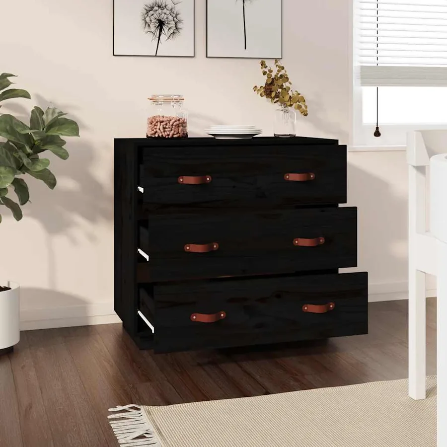 Buffet Noir 80x40x75 cm Bois massif de pin - 7