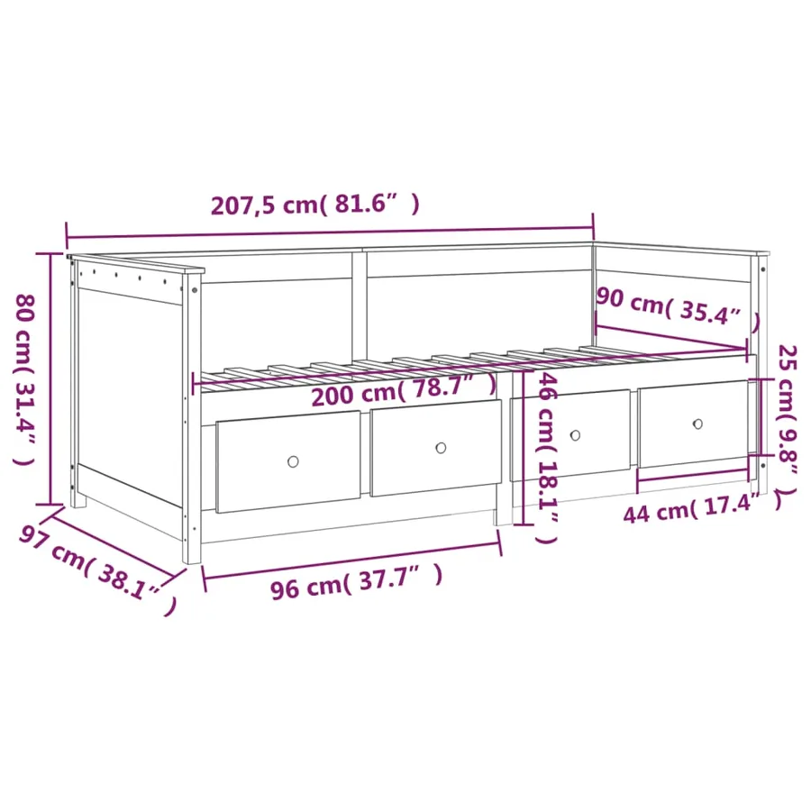 Lit de jour sans matelas noir 90x200 cm bois de pin massif - 13