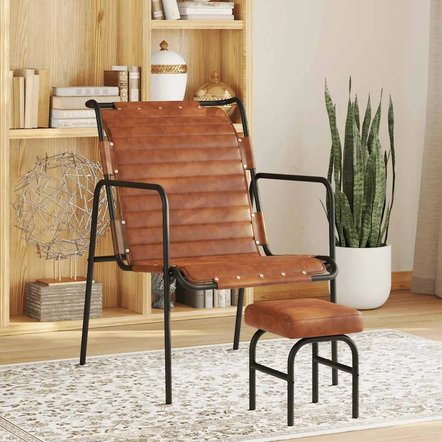 Fauteuil de relaxation avec repose-pied Marron Cuir véritable
