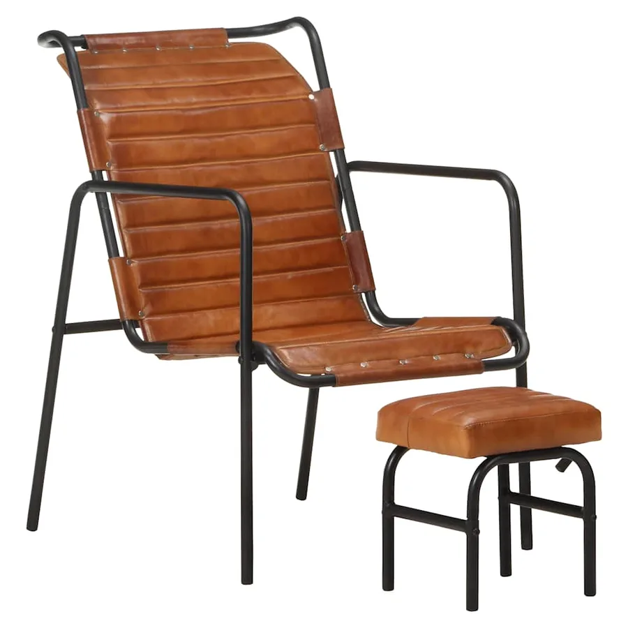 Fauteuil de relaxation avec repose-pied Marron Cuir véritable - 2