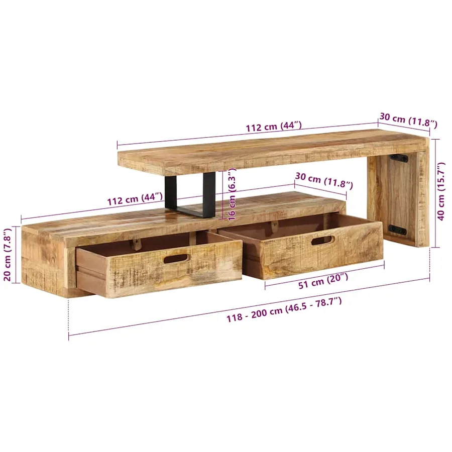 Meuble TV (118-200) x 30 x 40 cm en bois massif de manguier - 12