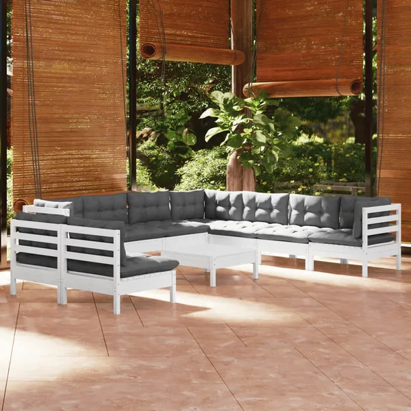 Salon de jardin 10 pcs avec coussins blanc bois de pin massif