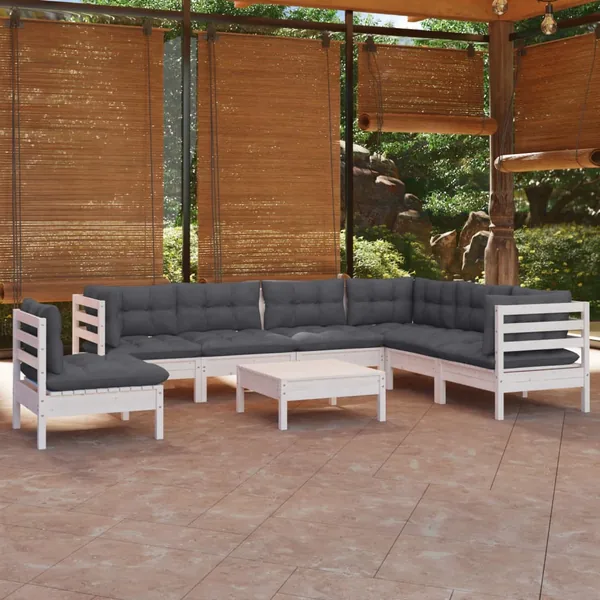 Salon de jardin 8 pcs avec coussins blanc bois de pin massif