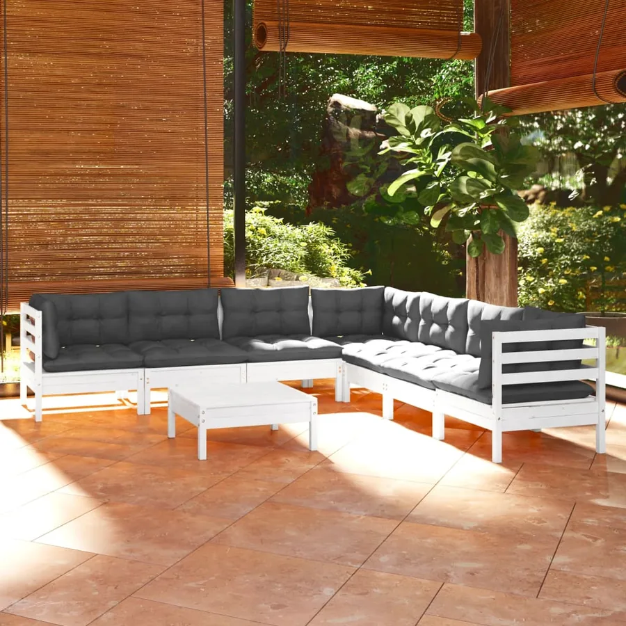 Salon de jardin 8 pcs avec coussins blanc bois de pin massif