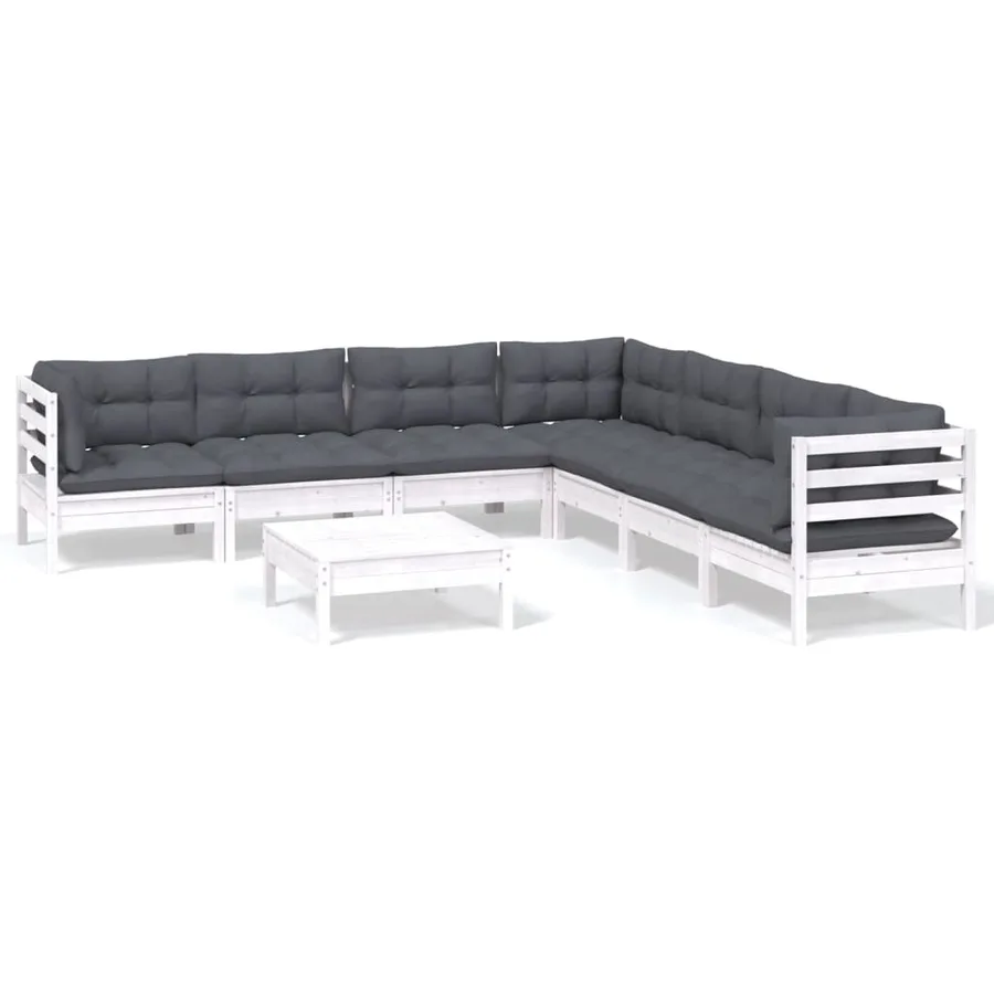Salon de jardin 8 pcs avec coussins blanc bois de pin massif - 2