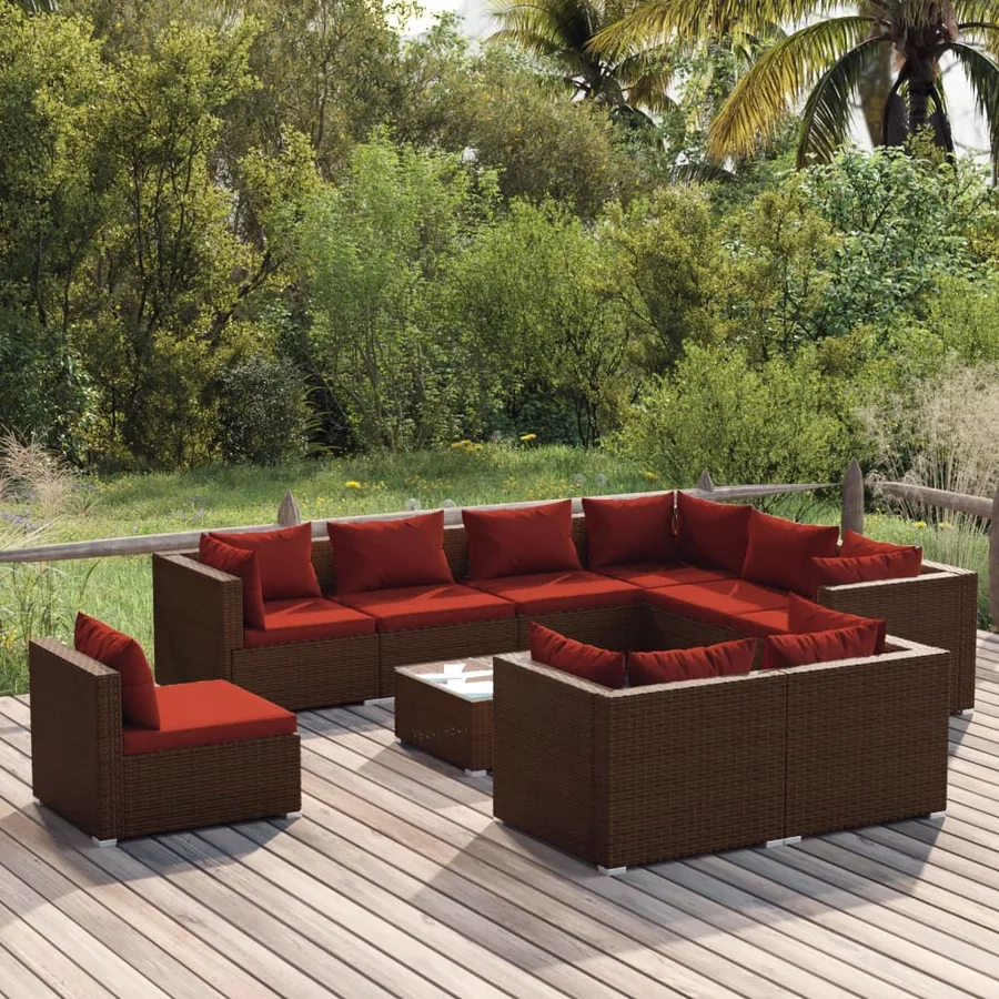 Salon de jardin 10 pcs avec coussins Résine tressée Marron