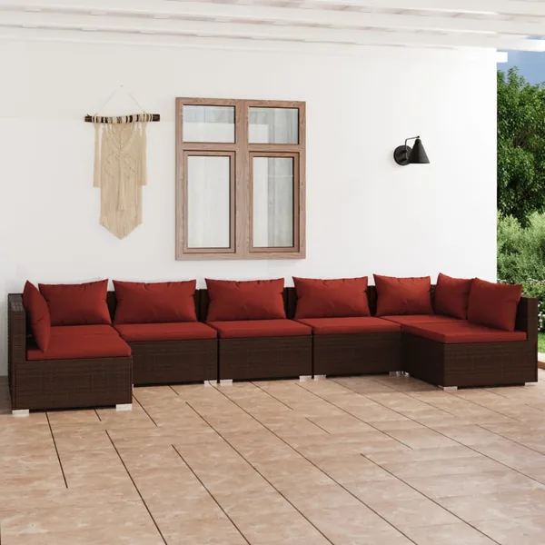 Salon de jardin 7 pcs avec coussins Résine tressée Marron