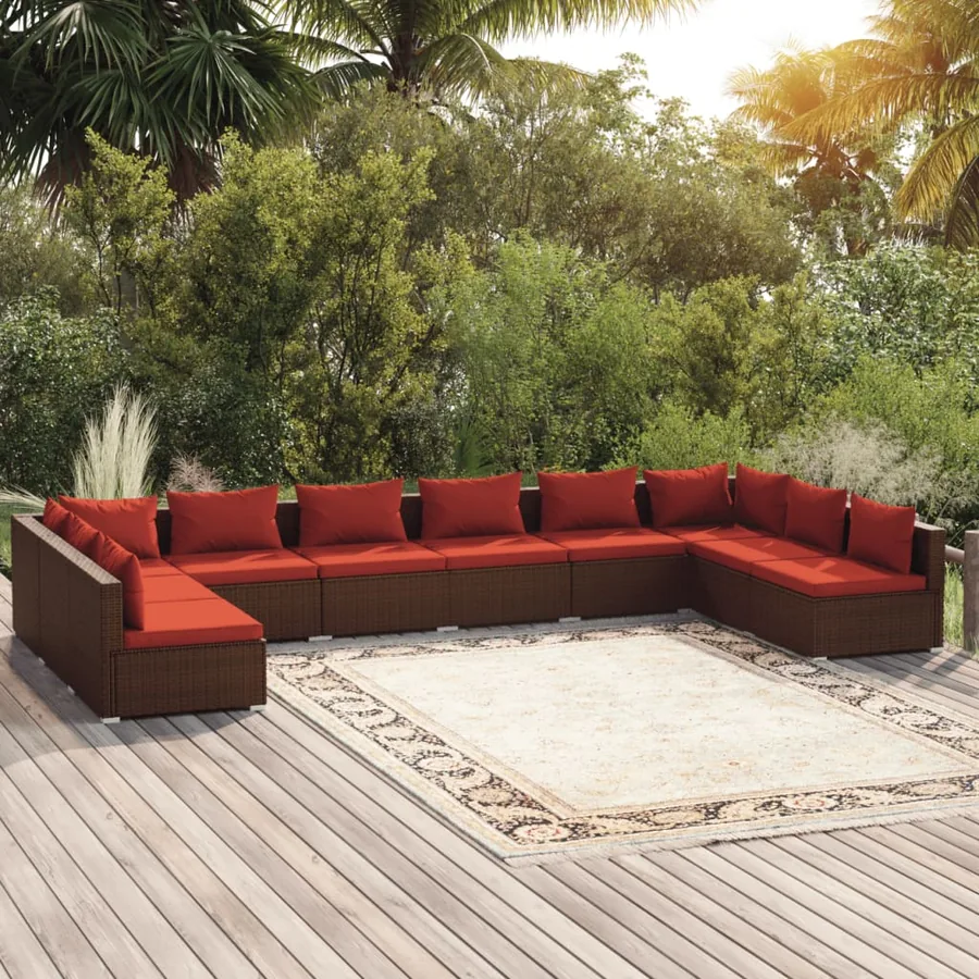 Salon de jardin 10 pcs avec coussins Résine tressée Marron