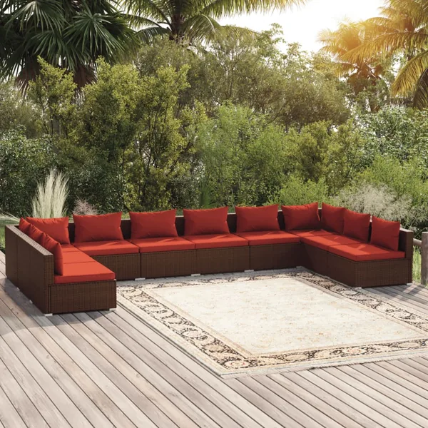 Salon de jardin 10 pcs avec coussins Résine tressée Marron