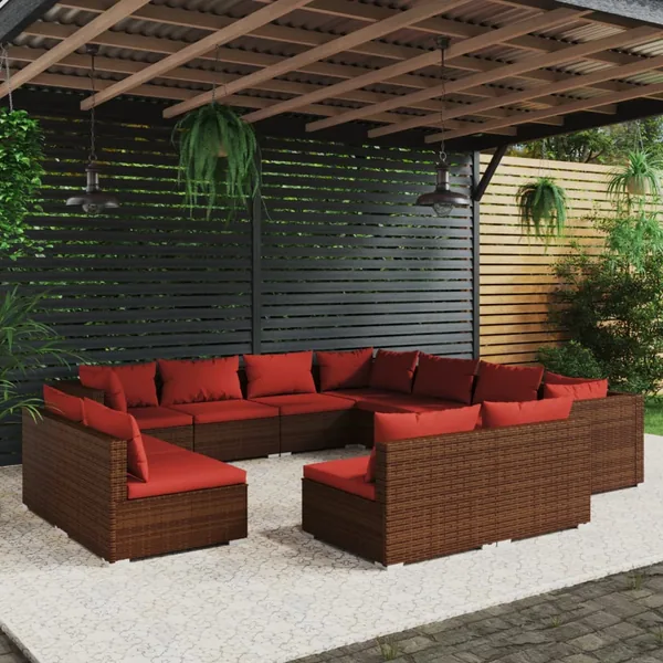 Salon de jardin 11 pcs avec coussins Marron Résine tressée