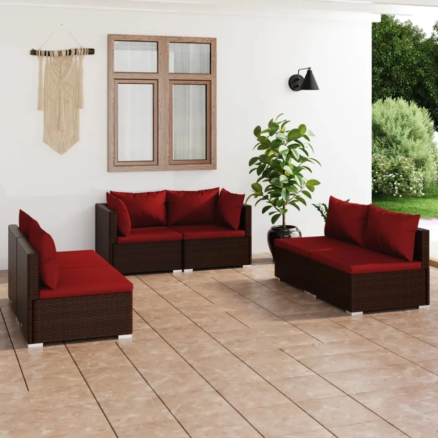 Salon de jardin 6 pcs avec coussins Résine tressée Marron
