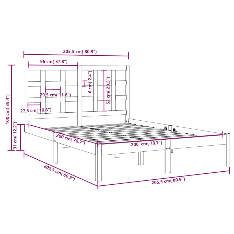 Cadre de lit sans matelas noir 200x200 cm bois massif - 6
