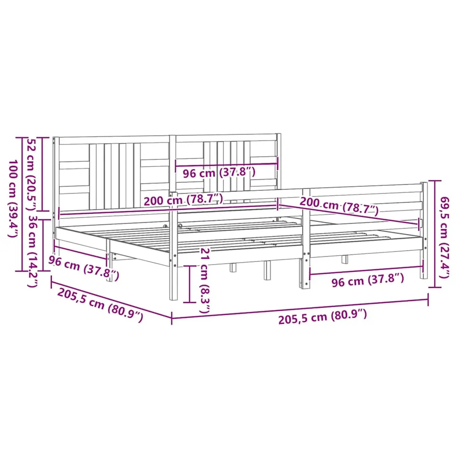 Cadre de lit sans matelas gris 200x200 cm bois massif - 10
