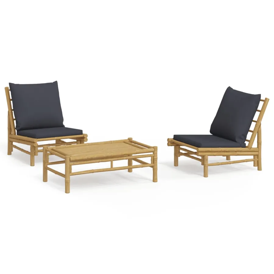 Salon de jardin 3 pcs avec coussins gris foncé bambou - 2