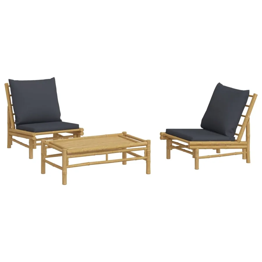 Salon de jardin 3 pcs avec coussins gris foncé bambou - 3
