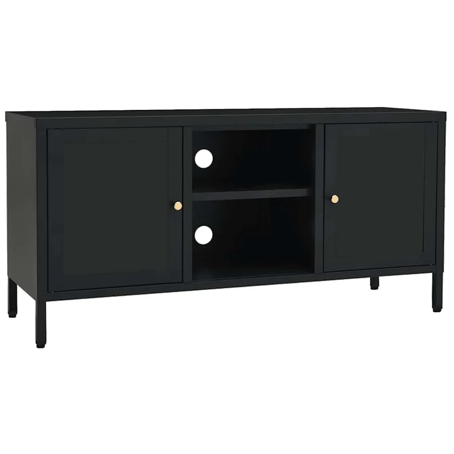 Meuble TV Noir 105x35x52 cm Acier et verre - 2