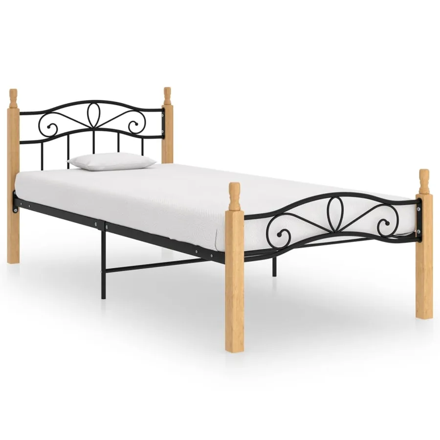 Cadre de lit sans matelas noir métal bois chêne massif 90x200cm