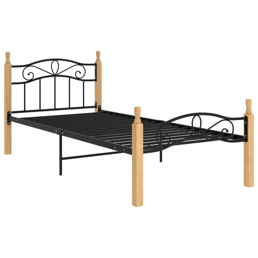 Cadre de lit sans matelas noir métal bois chêne massif 90x200cm - 2