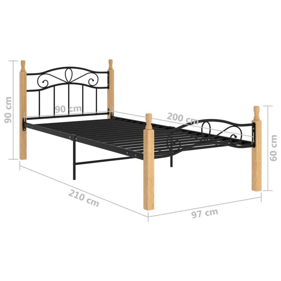 Cadre de lit sans matelas noir métal bois chêne massif 90x200cm - 6