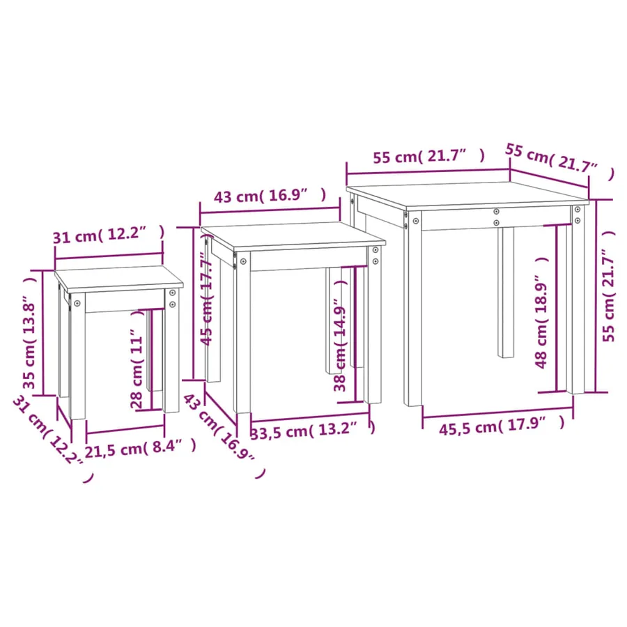 Tables gigognes 3 pcs Noir Bois de pin massif - 11