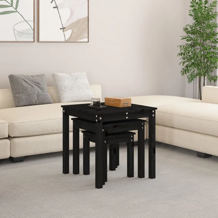 Tables gigognes 3 pcs Noir Bois de pin massif - 3