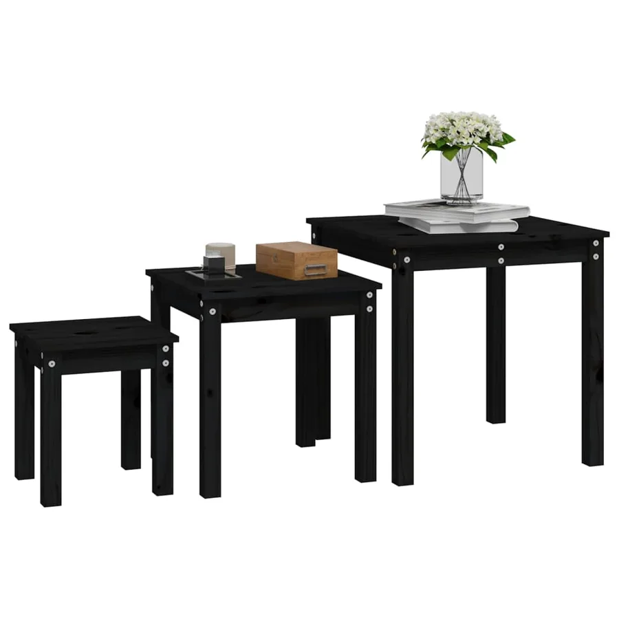 Tables gigognes 3 pcs Noir Bois de pin massif - 4