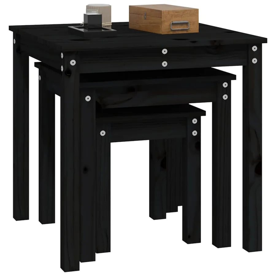 Tables gigognes 3 pcs Noir Bois de pin massif - 5