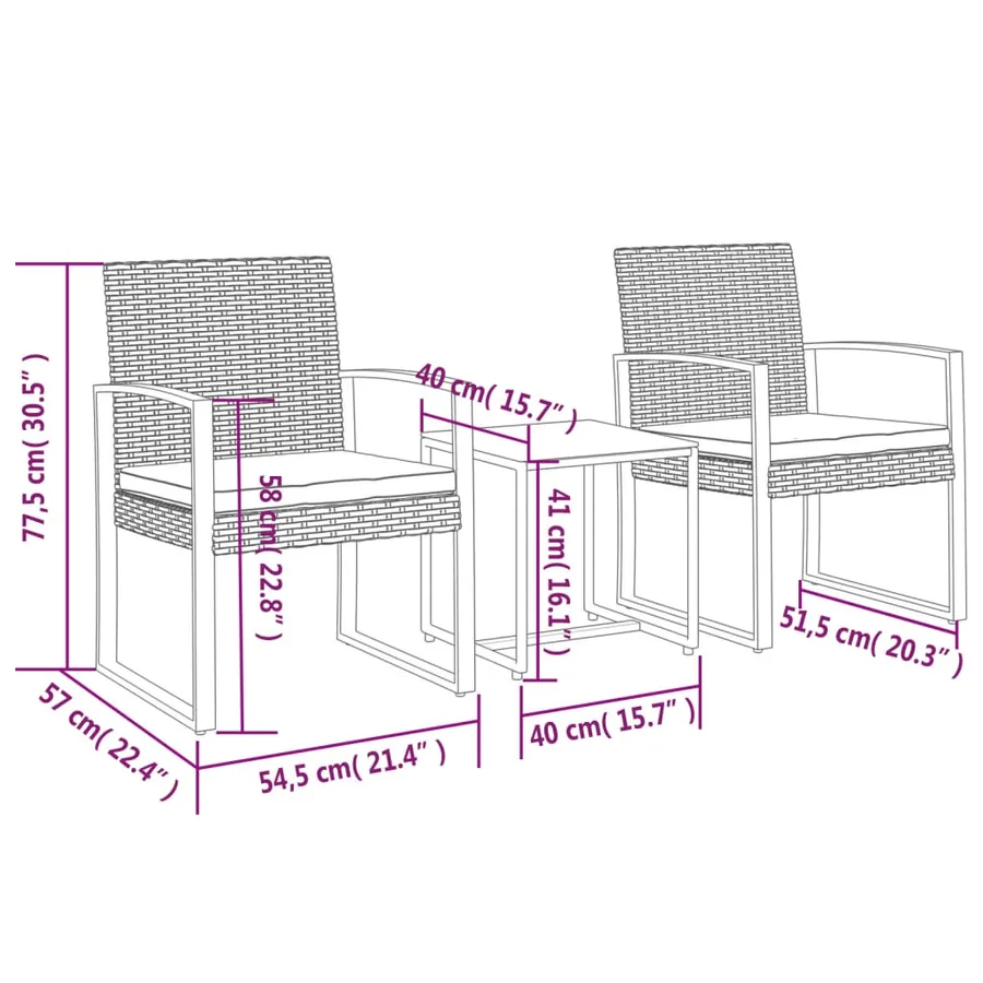 Ensemble à manger de jardin avec coussins 3 pcs noir rotin PP - 7