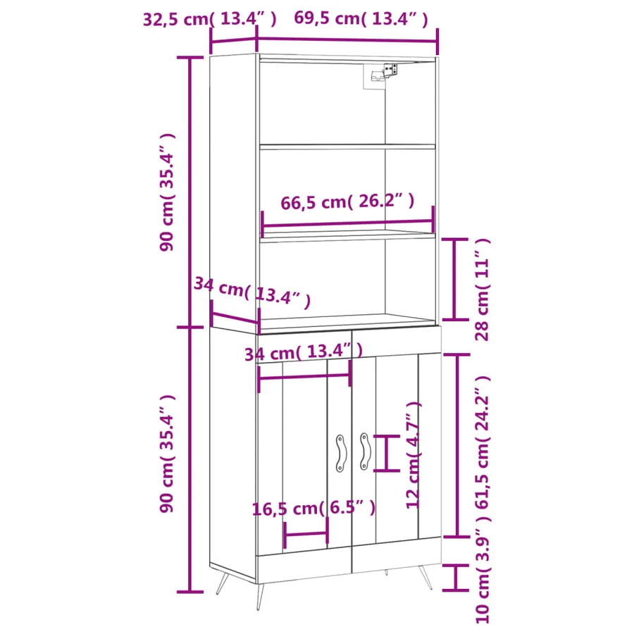 Buffet haut Blanc 69,5x34x180 cm Bois d'ingénierie - 13