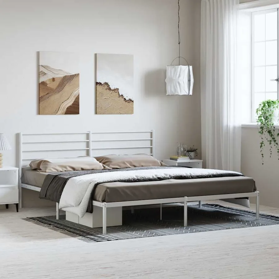 Cadre de lit métal sans matelas et tête de lit blanc 183x213 cm