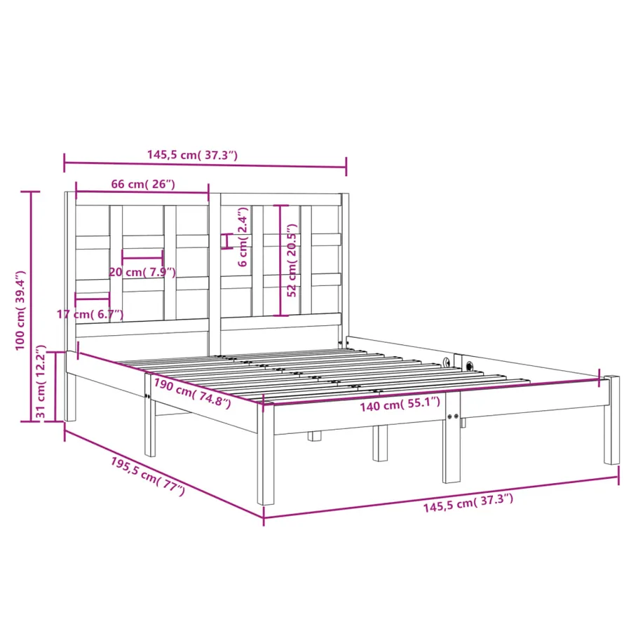 Cadre de lit sans matelas noir 140x190 cm bois massif - 6