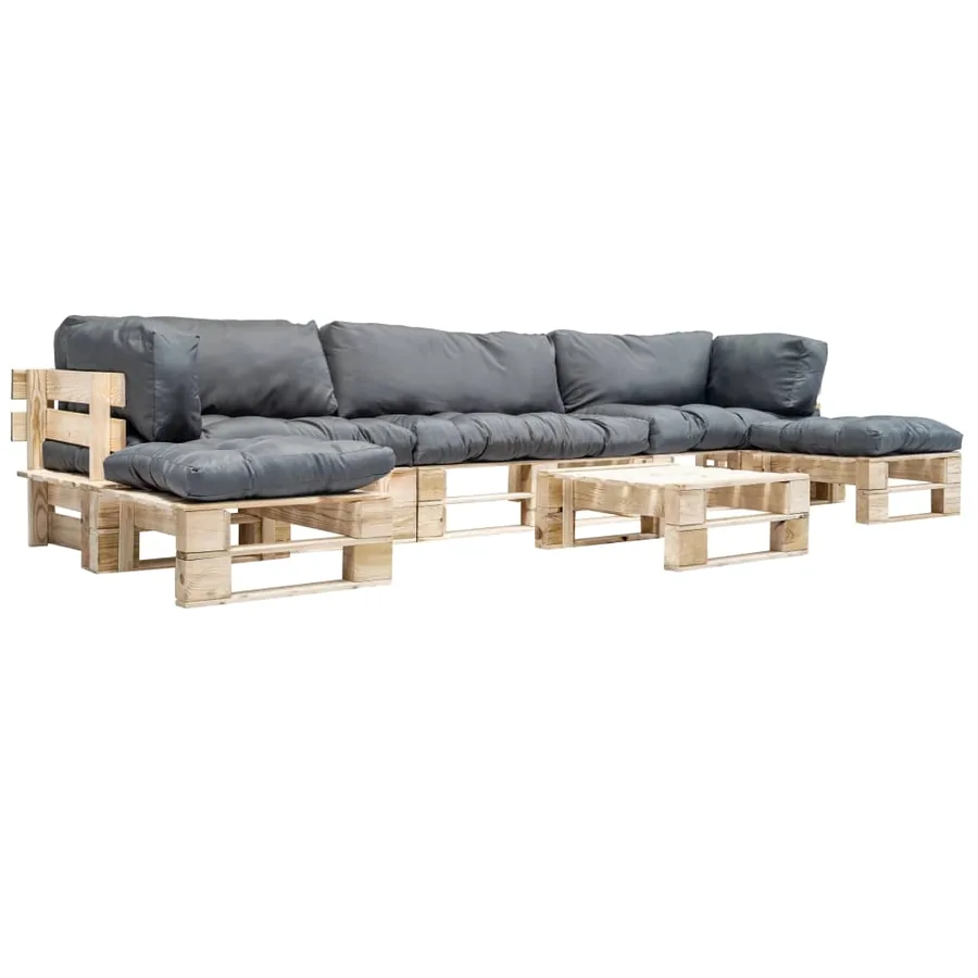 Salon de jardin palette 6 pcs avec coussins gris bois