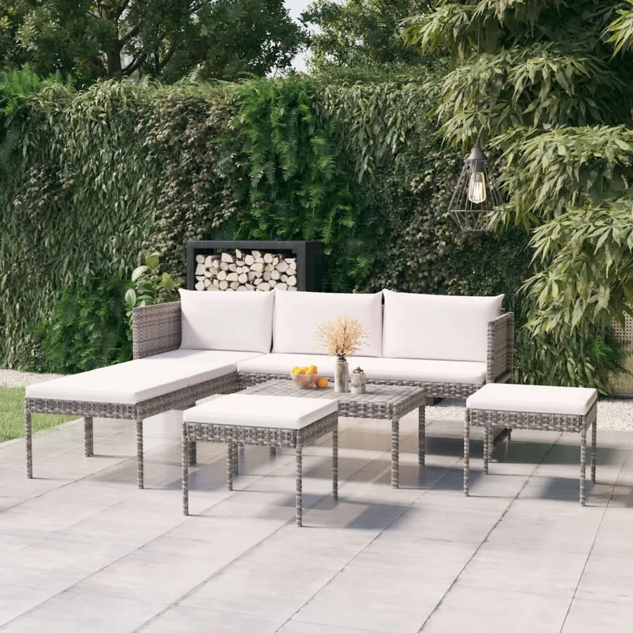 Salon de jardin 6 pcs avec coussins résine tressée gris