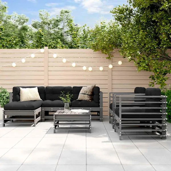 Salon de jardin 7 pcs avec coussins gris bois massif