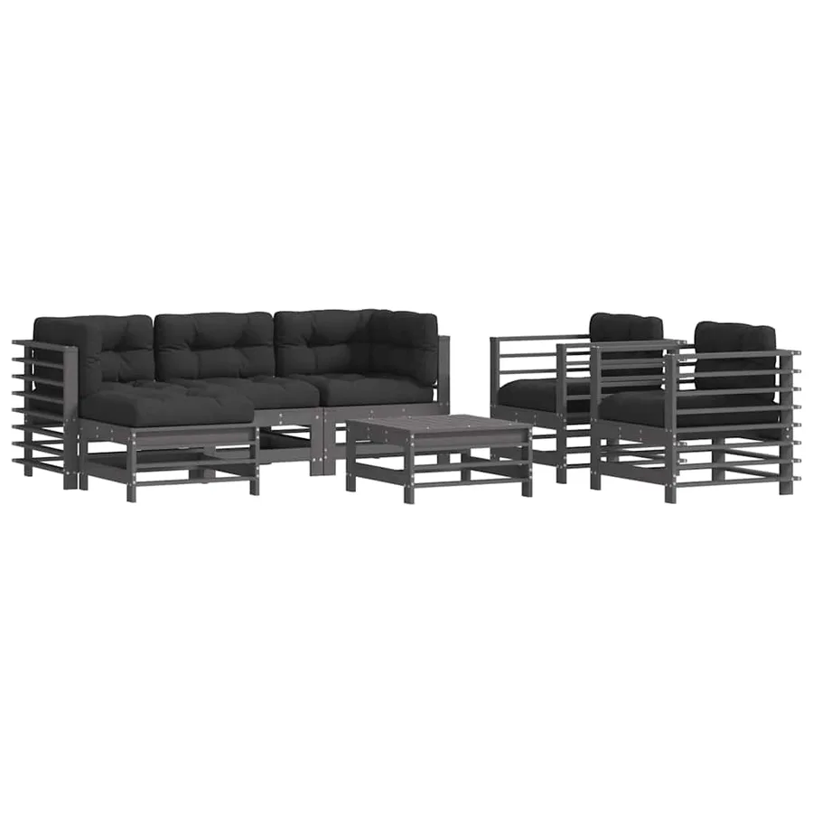 Salon de jardin 7 pcs avec coussins gris bois massif - 2
