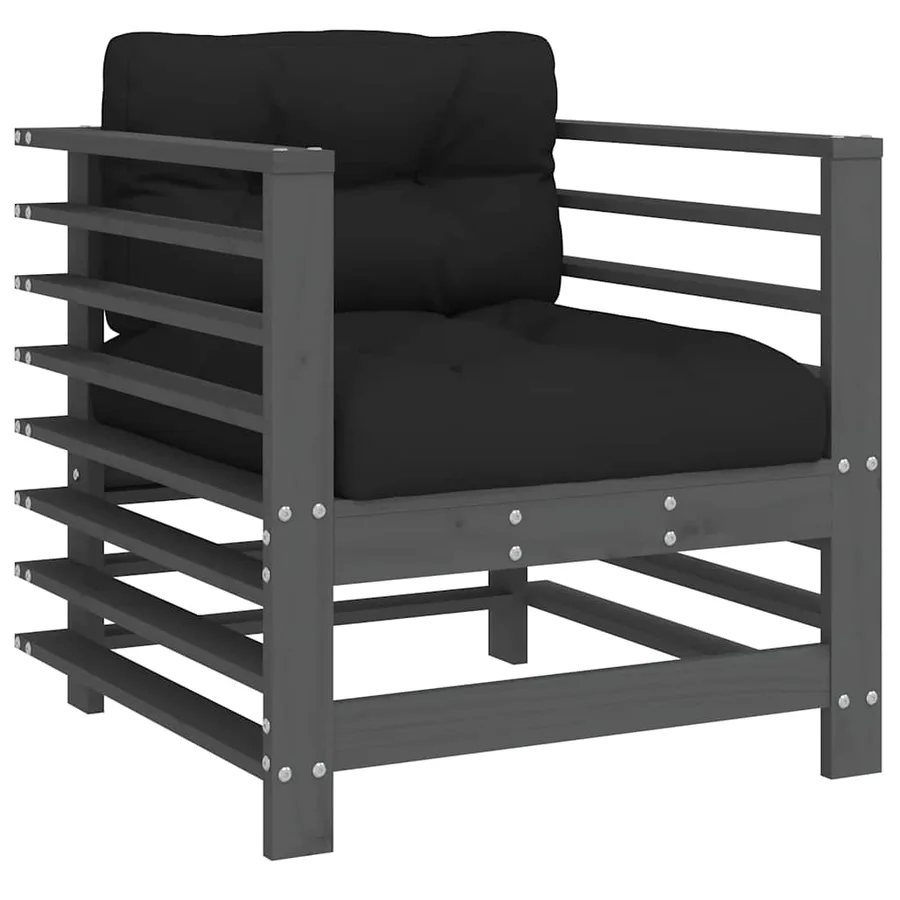 Salon de jardin 7 pcs avec coussins gris bois massif - 5