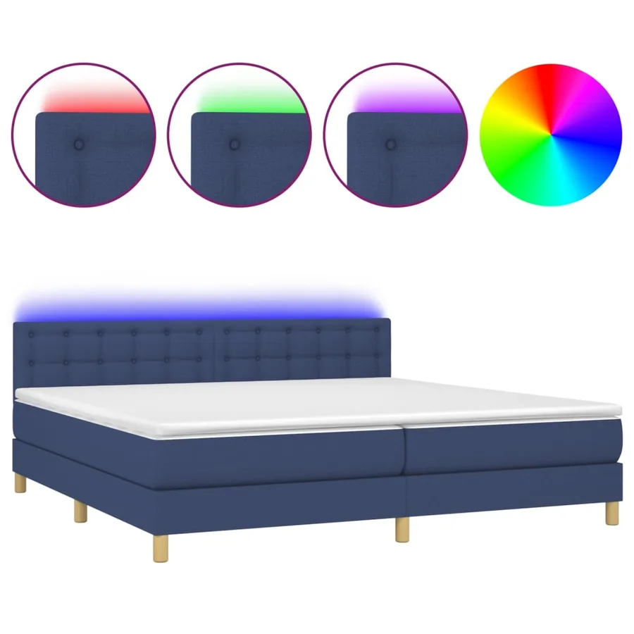 Sommier à lattes de lit et matelas et LED Bleu 200x200 cm Tissu - 2